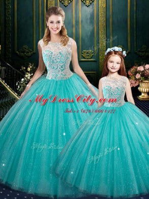 Turquoise Tulle Zipper Quinceanera Gown Sleeveless Floor Length Lace
