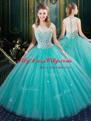 Turquoise Tulle Zipper Quinceanera Gown Sleeveless Floor Length Lace