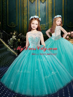 Turquoise Tulle Zipper Quinceanera Gown Sleeveless Floor Length Lace