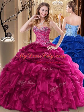 Fantastic Fuchsia Organza Lace Up Sweetheart Sleeveless Floor Length Sweet 16 Dresses Beading and Pick Ups