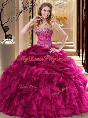 Fantastic Fuchsia Organza Lace Up Sweetheart Sleeveless Floor Length Sweet 16 Dresses Beading and Pick Ups