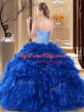 Fantastic Fuchsia Organza Lace Up Sweetheart Sleeveless Floor Length Sweet 16 Dresses Beading and Pick Ups