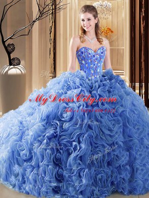 Blue Lace Up Ball Gown Prom Dress Embroidery and Ruffles Sleeveless Court Train