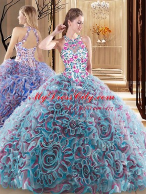 Fitting Sweep Train Ball Gowns 15th Birthday Dress Multi-color High-neck Fabric With Rolling Flowers Sleeveless Criss Cross