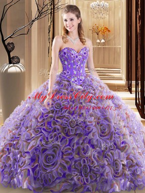 Modest Sleeveless Fabric With Rolling Flowers With Brush Train Lace Up 15 Quinceanera Dress in Multi-color with Embroidery and Ruffles
