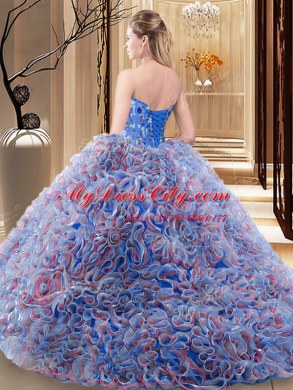 Modest Sleeveless Fabric With Rolling Flowers With Brush Train Lace Up 15 Quinceanera Dress in Multi-color with Embroidery and Ruffles