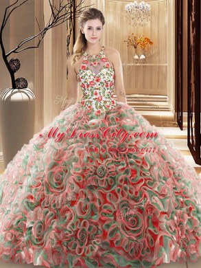 Multi-color Criss Cross 15 Quinceanera Dress Ruffles and Pattern Sleeveless Brush Train