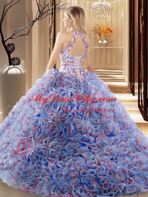 Multi-color Criss Cross 15 Quinceanera Dress Ruffles and Pattern Sleeveless Brush Train