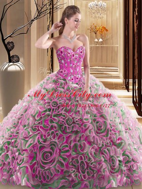 Multi-color Ball Gowns Embroidery and Ruffles Quinceanera Dress Lace Up Fabric With Rolling Flowers Sleeveless With Train