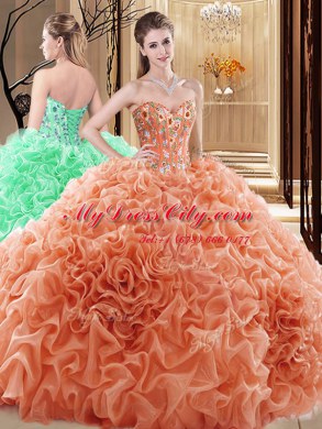 Orange Sweet 16 Dress Prom and Military Ball and Sweet 16 and Quinceanera and For with Embroidery and Ruffles and Pick Ups Sweetheart Sleeveless Lace Up