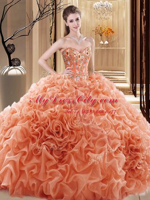 Orange Sweet 16 Dress Prom and Military Ball and Sweet 16 and Quinceanera and For with Embroidery and Ruffles and Pick Ups Sweetheart Sleeveless Lace Up