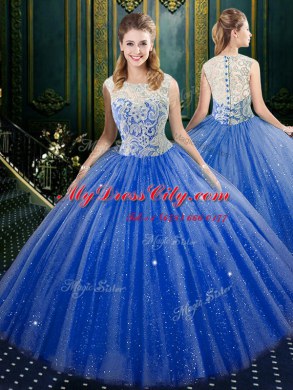 Royal Blue Tulle Zipper Sweet 16 Dresses Sleeveless Floor Length Lace
