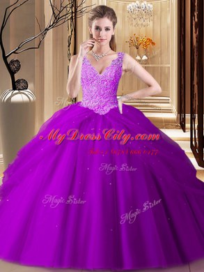 Pick Ups Floor Length Purple Quinceanera Dress V-neck Sleeveless Backless