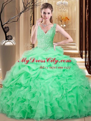 Floor Length Backless Ball Gown Prom Dress Apple Green for Military Ball and Sweet 16 and Quinceanera with Lace and Appliques and Pick Ups