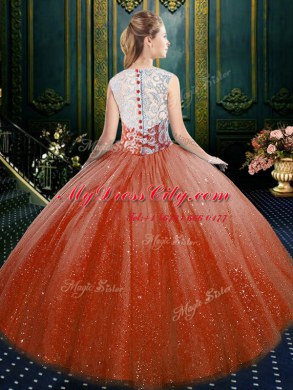 Top Selling Orange Red High-neck Neckline Lace Sweet 16 Dresses Sleeveless Zipper