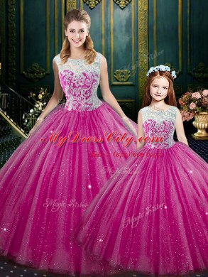 Custom Designed Hot Pink High-neck Neckline Lace Sweet 16 Dresses Sleeveless Lace Up