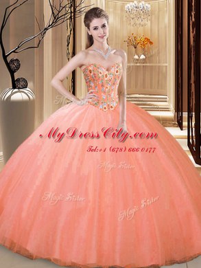 Popular Floor Length Ball Gowns Sleeveless Peach Quinceanera Dresses Lace Up