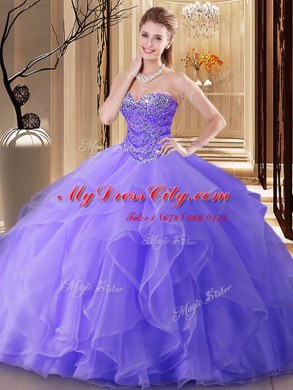 Enchanting Lavender Ball Gowns Sweetheart Sleeveless Tulle Floor Length Lace Up Beading Quinceanera Dress