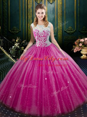 Fuchsia High-neck Zipper Lace Vestidos de Quinceanera Sleeveless