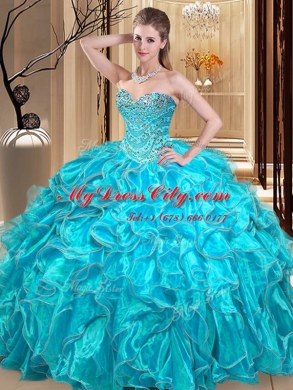 Custom Designed Floor Length Aqua Blue 15th Birthday Dress Sweetheart Sleeveless Lace Up