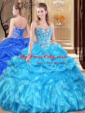 Superior Sweetheart Sleeveless Quinceanera Dress Floor Length Lace and Appliques Aqua Blue Organza