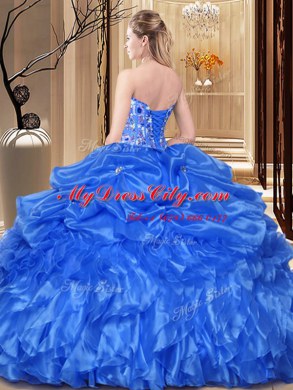 Superior Sweetheart Sleeveless Quinceanera Dress Floor Length Lace and Appliques Aqua Blue Organza