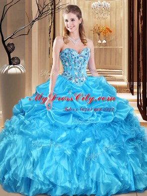 Superior Sweetheart Sleeveless Quinceanera Dress Floor Length Lace and Appliques Aqua Blue Organza