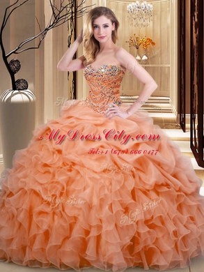 Cheap Orange Sweetheart Neckline Beading and Ruffles and Pick Ups Ball Gown Prom Dress Sleeveless Lace Up