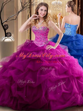 Sweetheart Sleeveless Lace Up Sweet 16 Dresses Fuchsia Tulle