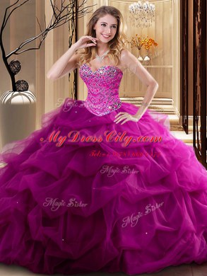 Sweetheart Sleeveless Lace Up Sweet 16 Dresses Fuchsia Tulle