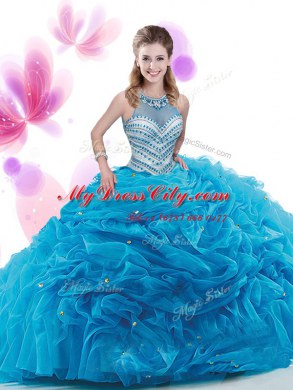 Fantastic Ruffles 15th Birthday Dress Baby Blue Zipper Sleeveless Court Train
