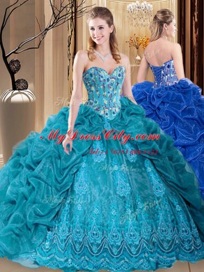 Teal Ball Gowns Sweetheart Sleeveless Organza Floor Length Lace Up Embroidery and Pick Ups Ball Gown Prom Dress