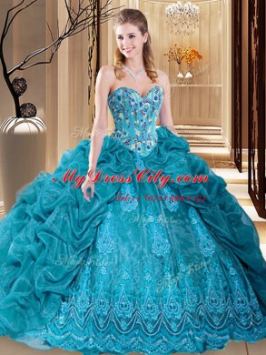 Teal Ball Gowns Sweetheart Sleeveless Organza Floor Length Lace Up Embroidery and Pick Ups Ball Gown Prom Dress