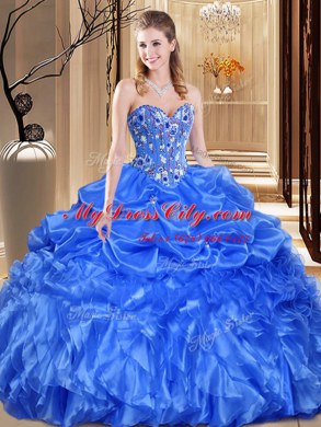 Sleeveless Floor Length Lace and Appliques Lace Up Quince Ball Gowns with Royal Blue