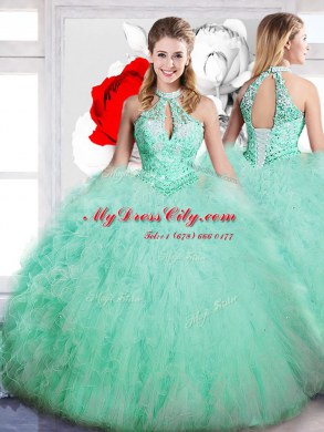 Apple Green Tulle Lace Up Quinceanera Dress Sleeveless Floor Length Beading