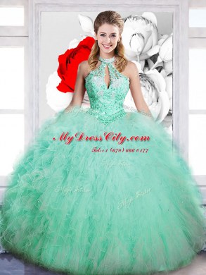 Apple Green Tulle Lace Up Quinceanera Dress Sleeveless Floor Length Beading