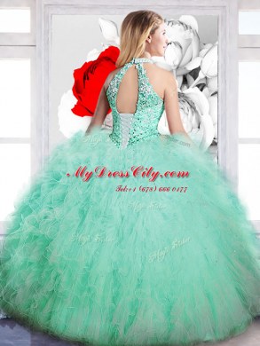 Apple Green Tulle Lace Up Quinceanera Dress Sleeveless Floor Length Beading
