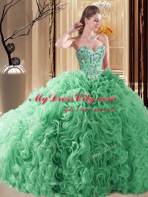 Sleeveless Embroidery and Ruffles Lace Up Sweet 16 Quinceanera Dress with Turquoise Court Train