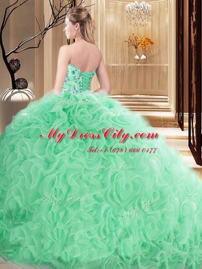 Sleeveless Embroidery and Ruffles Lace Up Sweet 16 Quinceanera Dress with Turquoise Court Train