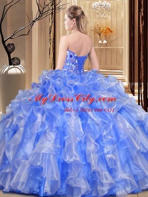 Sweetheart Sleeveless Lace Up Ball Gown Prom Dress Blue Organza