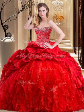Exquisite Red Sleeveless Taffeta and Tulle Brush Train Lace Up 15th Birthday Dress for Military Ball and Sweet 16 and Quinceanera