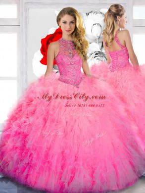 Tulle High-neck Sleeveless Lace Up Beading Sweet 16 Dresses in Baby Pink
