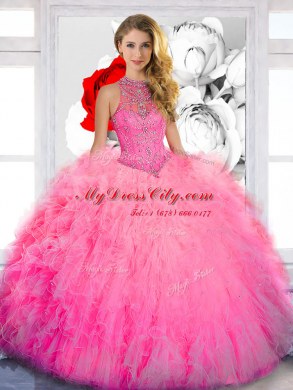 Tulle High-neck Sleeveless Lace Up Beading Sweet 16 Dresses in Baby Pink