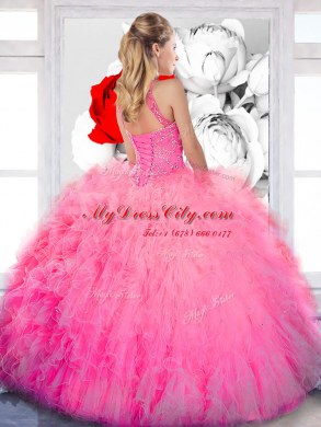 Tulle High-neck Sleeveless Lace Up Beading Sweet 16 Dresses in Baby Pink
