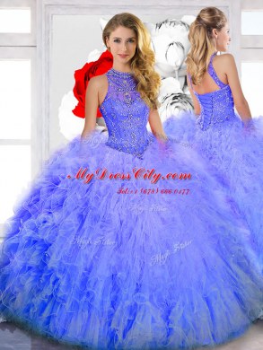 Tulle High-neck Sleeveless Lace Up Beading Sweet 16 Dresses in Baby Pink