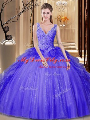 Perfect Backless V-neck Sleeveless 15th Birthday Dress Floor Length Appliques and Ruffles and Sequins Lavender Tulle and Sequined