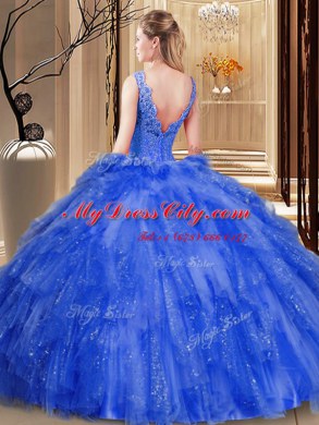 Perfect Backless V-neck Sleeveless 15th Birthday Dress Floor Length Appliques and Ruffles and Sequins Lavender Tulle and Sequined
