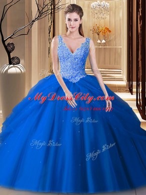 Excellent Backless Tulle Sleeveless Floor Length 15 Quinceanera Dress and Lace and Pick Ups