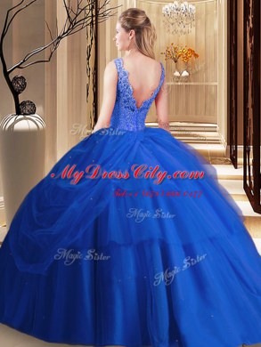 Excellent Backless Tulle Sleeveless Floor Length 15 Quinceanera Dress and Lace and Pick Ups