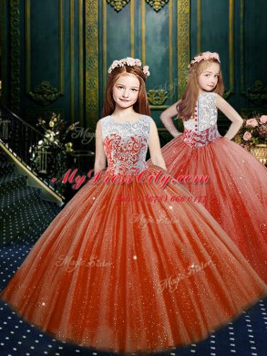 Free and Easy Orange Red Ball Gowns Lace Quinceanera Dresses Zipper Tulle Sleeveless Floor Length